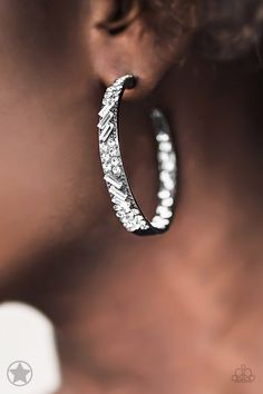 GLITZY By Association - Gunmetal Blockbuster Earrings - Paparazzi Gunmetal Earrings, Black Hoops Earrings, Paparazzi Accessories, White Rhinestone, Black Earrings, Paparazzi Jewelry, White Earrings, Rhinestone Earrings, Boutique Jewelry