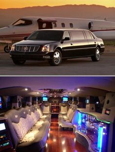 the inside and outside view of a limo with lights on it's side, in front of an airplane