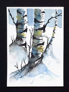 watercolor painting of trees in the snow