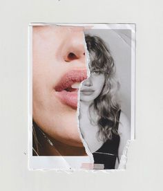 a woman's face is shown through the torn up paper with her mouth open