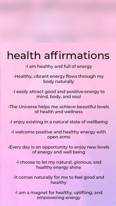 a pink and purple background with the words health affirmationss on it's side