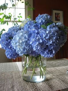 a vase filled with blue flowers on top of a table