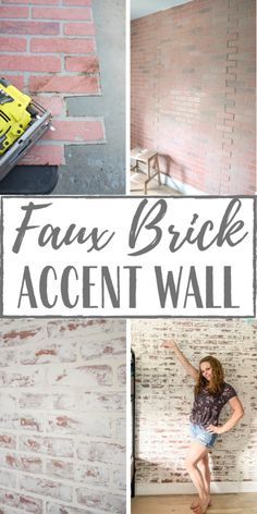 four brick accent walls with the words faux brick accent wall in black, white and yellow