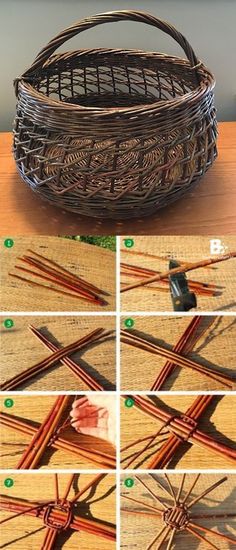 instructions to make a basket with sticks and yarn