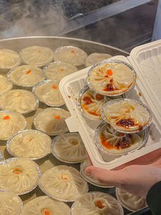 a person holding a tray filled with dumplings