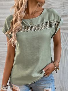 Affordable price buy Shirts on Zolucky, SPU: 2941ISH2B7A4C, Color: Green, Activity:Daily, Collection:Best Sell. Lace Trim Shorts, Weave Style, Sleeves Clothing, Summer Women, Knit Top, Short Sleeves Tops, Shirt Style, Types Of Sleeves, Casual Wear