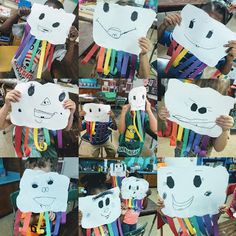 several pictures of children holding up paper cutouts with faces on them and rainbow ribbons in front of them