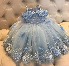 Dresses For Birthday Party, Dresses For Birthday, Beaded Flower Girl Dress, Dresses For Wedding Party, Floral Tulle Dress, Projek Menjahit, Blue Pearls, First Birthday Dresses