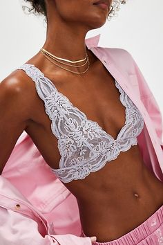 Made for every day, this lace bralette is featured in a pull-on style and sheer fabrication with a plunging neckline and low back. **Fit:** Pull-on style **Features:** Sheer lace fabrication, scallop trim, plunging neckline, fixed shoulder straps, low back, side boning for a supportive fit **Why We | Last Dance Lace Plunge Bralette by Intimately at Free People in Pink, Size: L Delicate Lace Low-cut Feminine Bra, Feminine Delicate Lace Low-cut Bra, Feminine Triangle Top Bra With Delicate Lace, Fitted Triangle Top Bra With Delicate Lace, Delicate Lace Fitted Triangle Top Bra, Delicate Lace Fitted Triangle Bra, Low-cut Lace Trim Bra, Lilac Marble, Semi Sheer Top