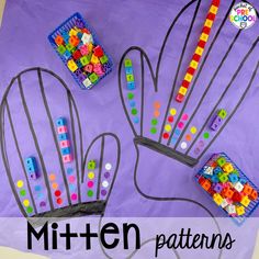 an art project made out of plastic beads and paper with the words mitten patterns on it