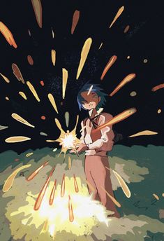 an animated image of a woman holding a baseball bat and exploding firecrackers