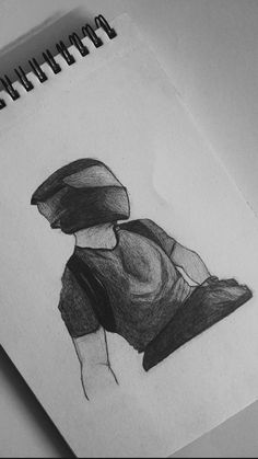 a pencil drawing of a person with a helmet on top of their head and body