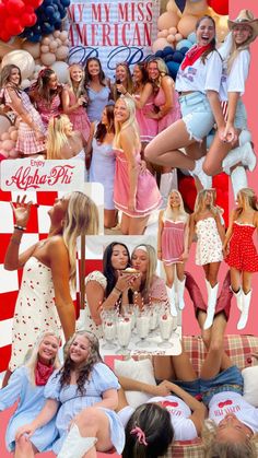 the collage shows many different women dressed in pink and white, including one woman with her legs crossed