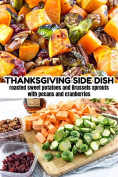 thanksgiving side dish with roasted sweet potatoes and brussel sprouts