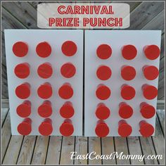 two pieces of cardboard with red polka dots on them and the words carnival prize punch