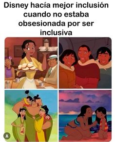 four different pictures of disney characters with caption in spanish