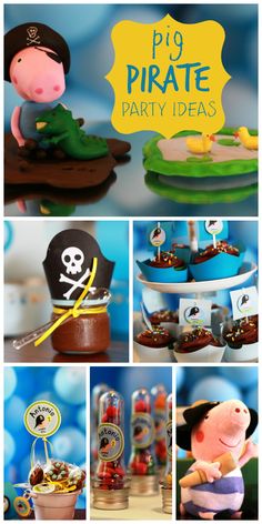 a collage of pirate party ideas including cake, cupcakes and decorations