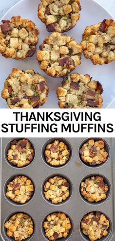 thanksgiving stuffing muffins in a muffin tin with text overlay that reads, thanksgiving stuffing muffins