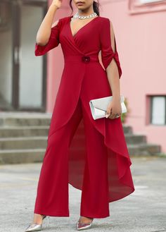 ROTITA Wine Red Flower Decoration Chiffon Jumpsuit Summer Formal Chiffon Jumpsuits And Rompers, Chic Spring Jumpsuits With 3/4 Sleeves, Chic Spring Jumpsuits And Rompers With 3/4 Sleeves, Fitted Jumpsuits And Rompers For Spring With 3/4 Sleeve, Red Flower Decoration, Chiffon Jumpsuit, Mode Tips, Elegant Dresses Classy