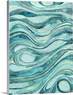 an abstract watercolor painting with wavy lines in blue, green and white colors on paper