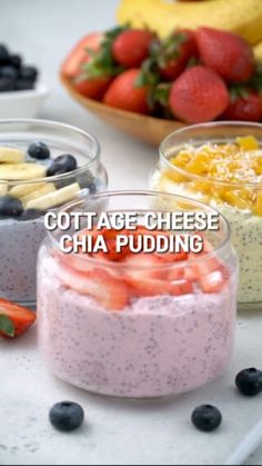 cottage cheese chia pudding with fruit in the background