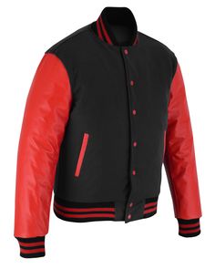 Varsity Letterman Baseball BLACK Wool and Red Genuine Leather Sleeves Jacket with Red Trims If your required Size & Color Combination is not listed then please contact with us We will respond you as soon as possible the estimated time is 12 Hours, All Sizes & Color Combinations are Available. The quality of the varsity jacket is the finest in the field. 100% high quality Wool. A fine quilt lining with Wool trimmed inside pocket are all part of the complete package. Each varsity jacket design is Black Streetwear Outerwear With Contrast Trim, Black Outerwear With Contrast Trim For Streetwear, Classic Black Outerwear With Contrast Trim, Fitted Black Varsity Jacket With Padded Collar, Classic Black Varsity Jacket With Padded Collar, Classic Red Varsity Jacket For Winter, Red Varsity Jacket For Winter, Classic Red Varsity Jacket For College, Classic Red Varsity Jacket For Streetwear