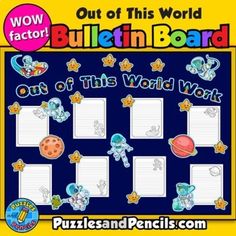 an out of this world bulletin board with pictures and words on the front, in blue