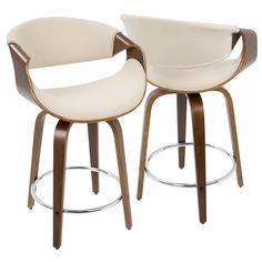 two modern bar stools with wooden legs and white upholstered fabric seat covers