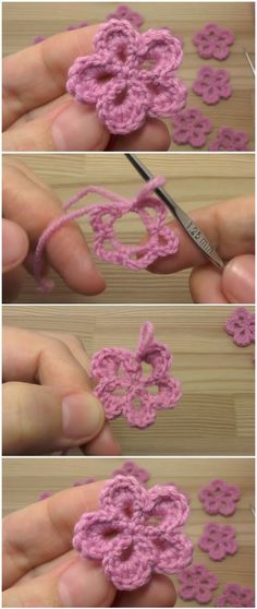 the crochet flower is being worked on