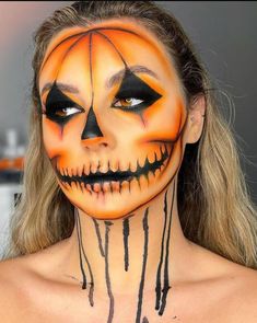 Halloween Pumkin Makeup Looks, Pumpkin Make Up Halloween, Jackolantern Makeup, Pumpkin Face Makeup, Scary Face Paint, Maquillaje Simple