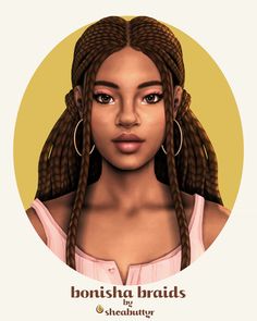 A sim wearing a pink tank top with hoop earrings and braided hair. This hair is great for textured hair for your sims and will look awesome, the texture details on this is great! #TheSims4 #Sims4CC Sims 4 Afro Cc Hair, Sims 4 Afro Hair Female, Mm Clothes Sims 4, Sims 4 Cc Mm Black Hair, Sims 4 Maxis Black Hair, Ts4 Maxis Match Black Hair, S4cc Black Hair, Sheabuttyr Hair Sims 4