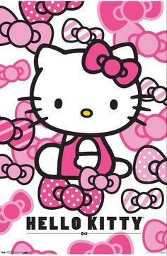 a hello kitty poster with hearts and bows on it's back ground, says hello kitty