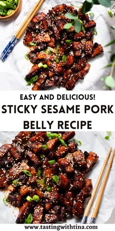 Sticky sesame pork belly is a delicious treat for the whole family! With everything done in under an hour, this dish is perfect for a weeknight or a hit for serving a crowd.I always order pork belly at restaurants, but I had never tried making at home. Now that I have, I’m hooked, and you should be too! Sesame Pork, Asian Pork, Chinese Cooking Recipes, Dinner Inspiration, Chinese Cooking, Easy Pasta Recipes, Pork Dishes, Asian Cooking