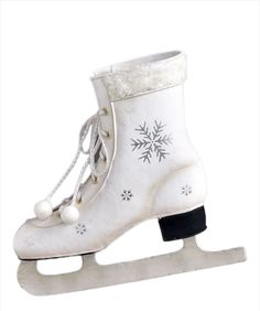 a white ice skate with snowflakes on it