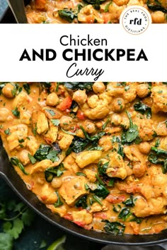 chicken and chickpea curry in a skillet with spinach on the side