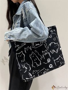 Bird in Bag - Black Cat Pattern Canvas Portable Storage Capacity Tote Bag/Shoulder Bag for College Students, Daily Commuters, and Dates Black Animal Design Tote Bag, Black Rectangular Shoulder Bag With Cat Print, Black Rectangular Bag With Cat Print, Black Tote Shoulder Bag With Cat Design, Cat Design Tote Shoulder Bag, College Bags, Portable Storage, Cat Pattern, College Students