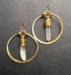 Brass Hoop Earrings / Crystal Earrings /Raw Quartz / Healing Wire Wrapped Crystal Earrings, Quartz Hoop Earrings, Raw Stone Jewelry, Brass Hoop Earrings, Bone Jewelry, Syracuse Ny, Raw Quartz