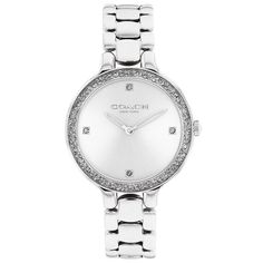 Named for the vibrant art-filled neighborhood on the West Side of Manhattan, the COACH Chelsea watch is an elevated choice for day or night. This stainless steel bracelet watch shimmers with crystal markers and bezel. Stainless steel case and bracelet Approx. case diameter: 32mm Mineral crystal Quartz movement Deployment closure Water-resistant to 99 feet COACH Style #: 14504124 Crystal Watches, White Bracelets, Band Jewelry, Stainless Steel Band, Women's Watch, White Dial, Stainless Steel Watch, Watches Jewelry, Minerals Crystals