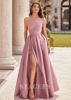 What Dress To Wear To A Wedding, Satin One Shoulder Top, Cute Dresses To Wear To A Wedding, Dark Pink Bridesmaid Dress, Gown Ideas For Women, Formal Guest Wedding Dress, Pleated Dress Outfit Classy, Creative Cocktail Attire, Satin Gown Bridesmaid