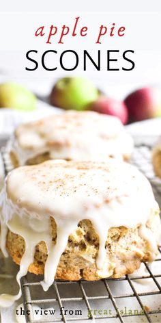 an apple pie scones on a cooling rack with apples in the background and text overlay