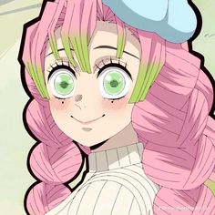 an anime character with pink hair and green eyes