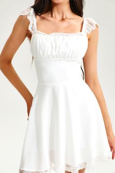 Note: This product is final sale and cannot be returned or exchanged unless there is a quality issue. Featuring a square collar and corset bodice, this dress accentuates your figure in all the right places. The pleated skirt adds a touch of femininity and movement to the dress, while the delicate lace hem provides a subtle yet beautiful detail. Whether you're dressing up for a fancy event or looking for a chic yet casual outfit, this Lace Hem Square Collar Corset Pleated Mini Dress is sure to tu Fancy Event, Beautiful Fabrics, Mini Dress White, Corset Bodice, Pleated Mini Dress, Stylish Clothes For Women, Lace Hem, White Mini Dress, Feel Confident