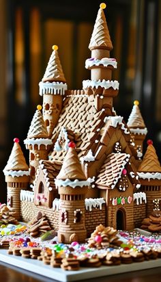 an elaborate gingerbread castle is displayed on a table with cookies and candies around it