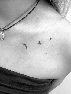 two birds flying in the air on top of a woman's chest