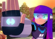 an animated character with purple hair and glasses holding up her hand in front of the camera