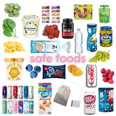 the words safe foods are surrounded by many different types of food and drink items, including yogurt