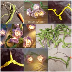 crocheted flowers are being made with yarn