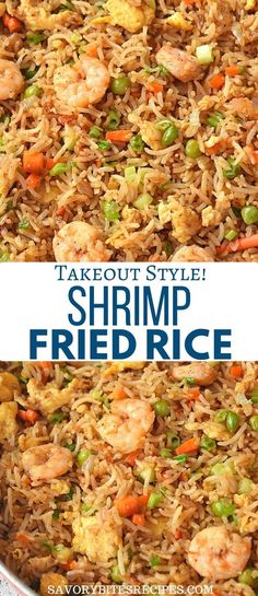 shrimp fried rice in a pan with carrots and peas