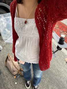 Red Cardigan Outfit Aesthetic, Crochet Clothes Aesthetic Cardigan, Fitted V-neck Coquette Tops, Lace Tank Brandy Melville, Fairy Grunge Cardigan, Desi Fashion Casual, Earthy Outfits, Fall Fits, Hippie Outfits