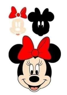 mickey and minnie mouse face with red bows on their heads, one is smiling at the camera